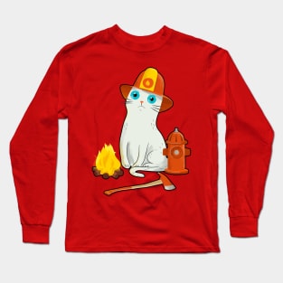 Intense Gaze Fireman Cat - Funny White Cat Long Sleeve T-Shirt